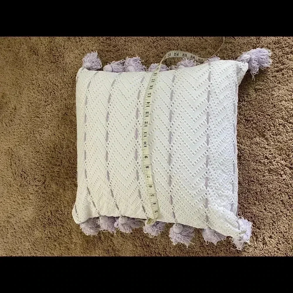 Anthropologie tasseled eyelet lavender pillow white purple tassels 22x22 square